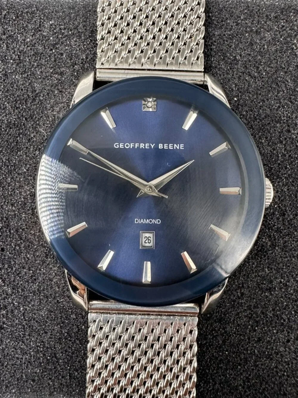 Geoffrey Beene Watch Men Silver Tone Blue Date Window Round New Battery